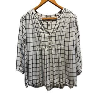 Wrangler Plaid Blouse White Black Windowpane Pintuck Lace Trim